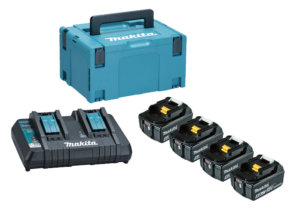 Makita 18V LXT Power Kit including 4 x 5.0Ah batteries, dual-port charger, and storage case
