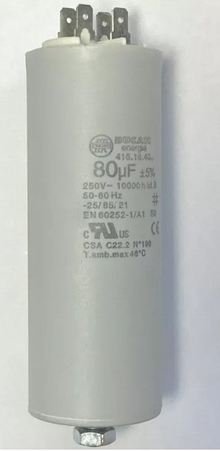 Numatic 80u F Motor Run Capacitor With Plastic Case.Double 6.3 Mm Terminals & Stud
