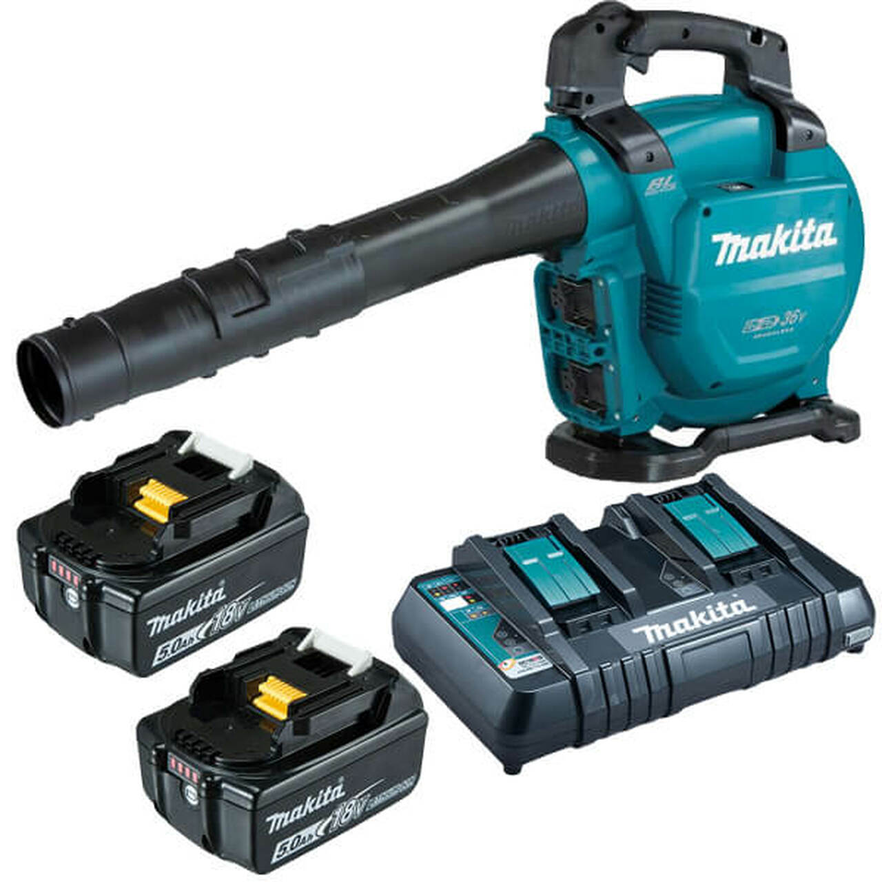 Makita - DUB363PT2V - Twin 18V Brushless Blower (with vacuum function) c/w bag - inc 2 x 5a batts and dc18rd