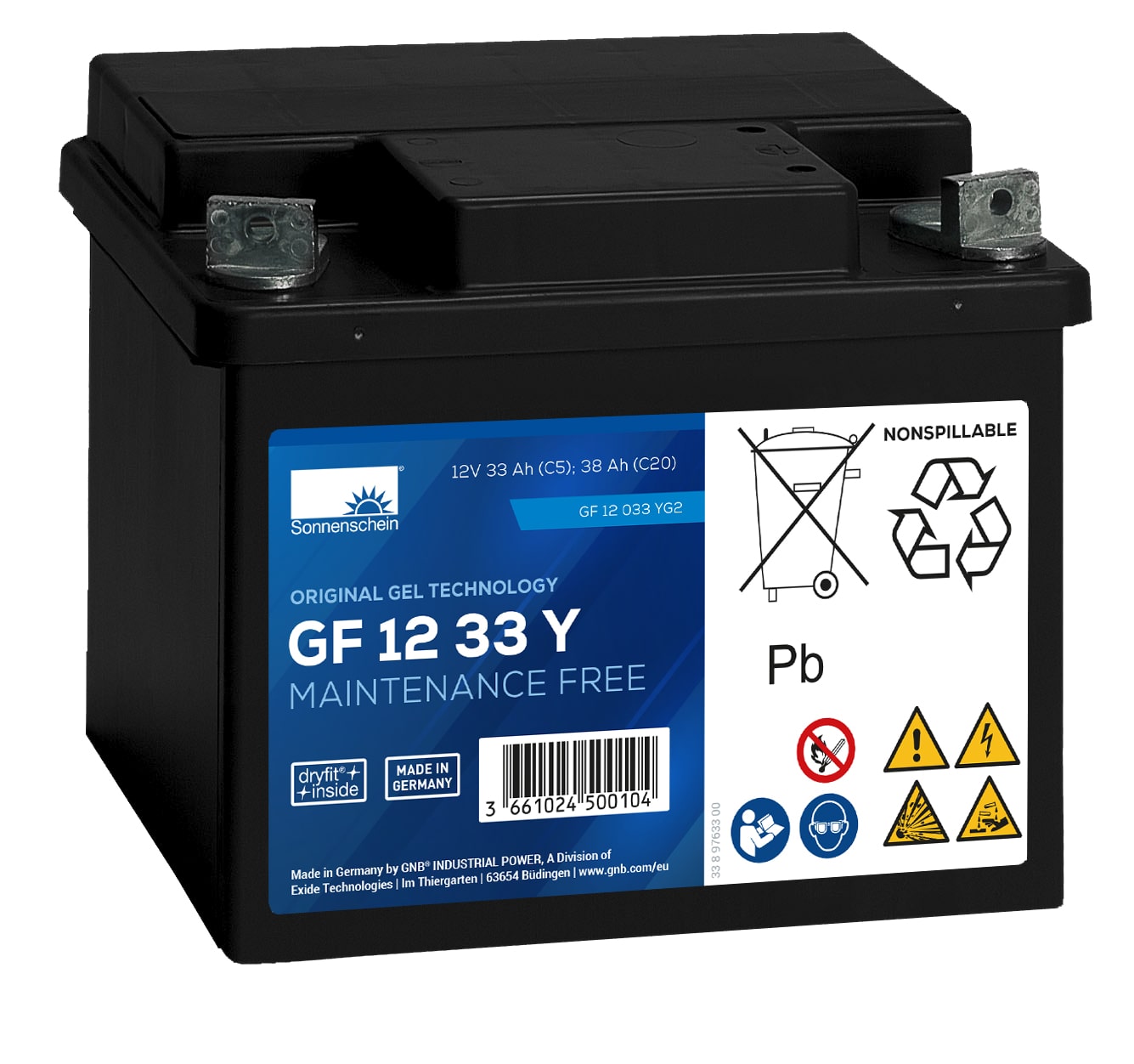 Sonnenschein - GF12033YG2 - GF1233Y - 12v - 38ah -  GEL GF-Y - 450 Cycles - 210 x 175 x 175 - 14.6 kgs