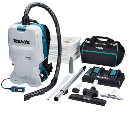 Makita - Twin 18V Brushless Backpack Vacuum Cleaner 6 Litre Promo Kit C/w 2 x 5AH, RC18RD Charger, Long Sash Nozzle, Upholstery Nozzle, Round Brush, 50 filter bags and a Tool Carry Bag