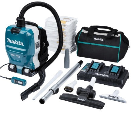 Makita - DVC261TX25 - Twin 18V Brushless Backpack Vacuum Cleaner 2 Litre Promo Kit C/w 2 x 5AH, DC18RD Charger, Long Sash Nozzle, Upholstery Nozzle, Round Brush, 50 filter bags and a Tool Carry Bag