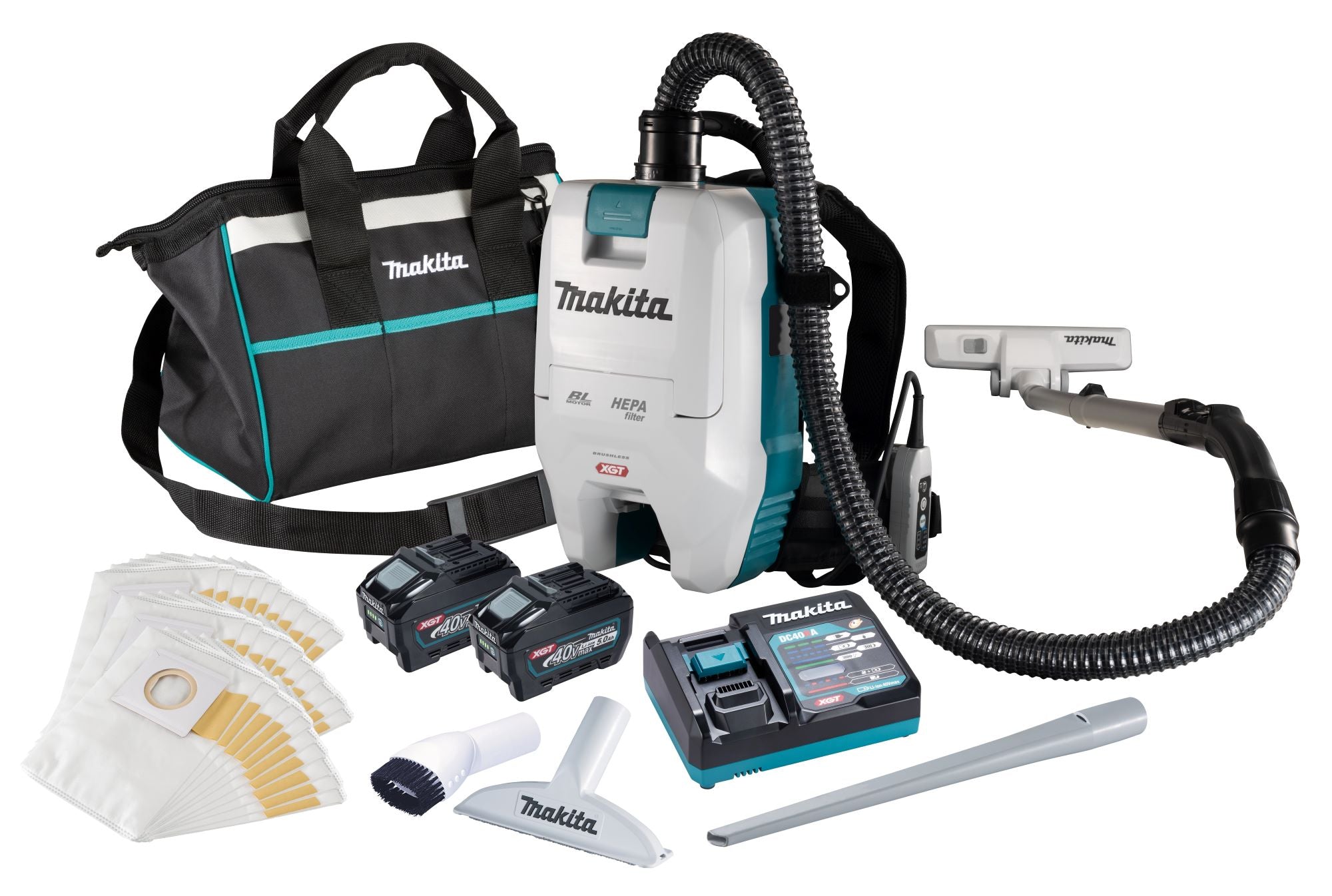 Makita - 40V XGT  BACK PACK PACKAGE - inc 3 x 5ah 40v batteries, charger, carry bag, 30 bags, round brush, crevice nozzle & uph brush
