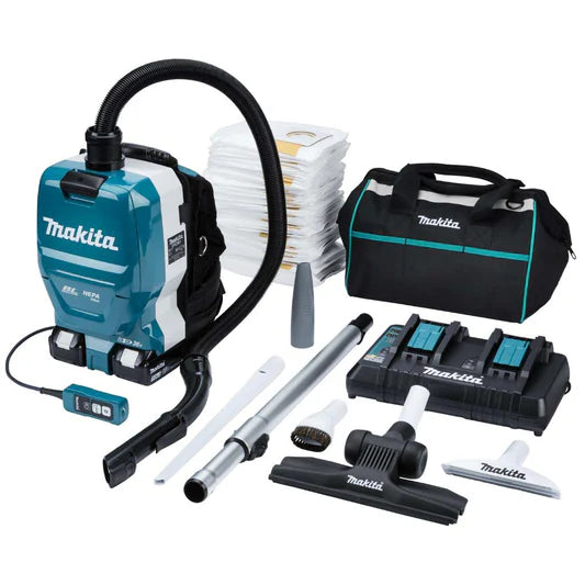 Makita - Twin 18V Brushless Backpack Vacuum Cleaner 2 Litre - supplied with 4 x 5ah batteries and twin port charger