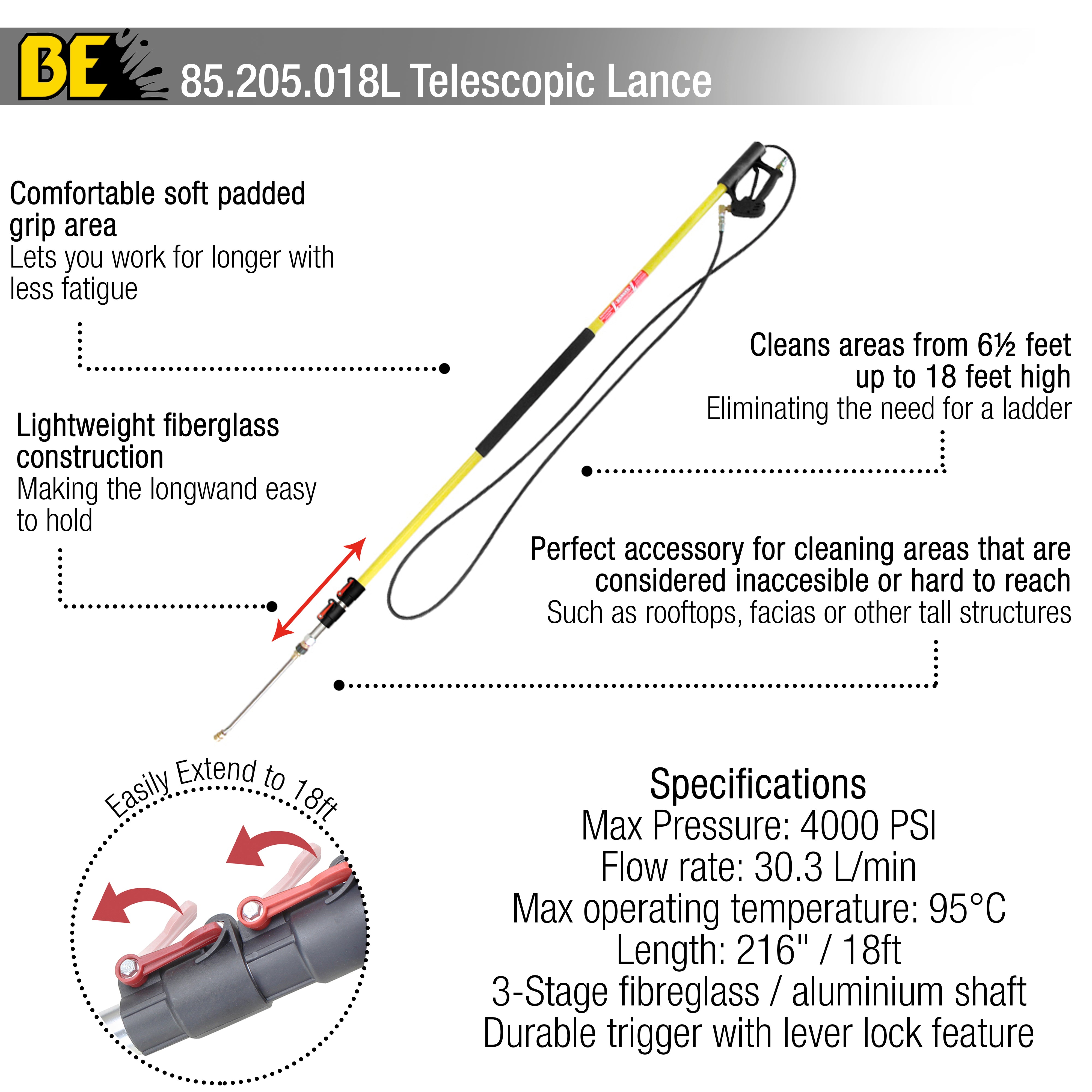 BE Pressure Fibreglass High Pressure 18ft Telescopic Lance