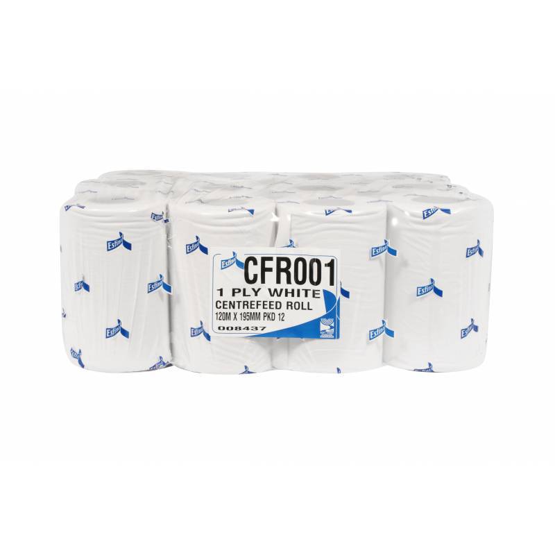 White 1ply Mini Centrefeed Flat Sheet Roll - 120m - Case of 12 -  Centrefeed Towel - Candor Services